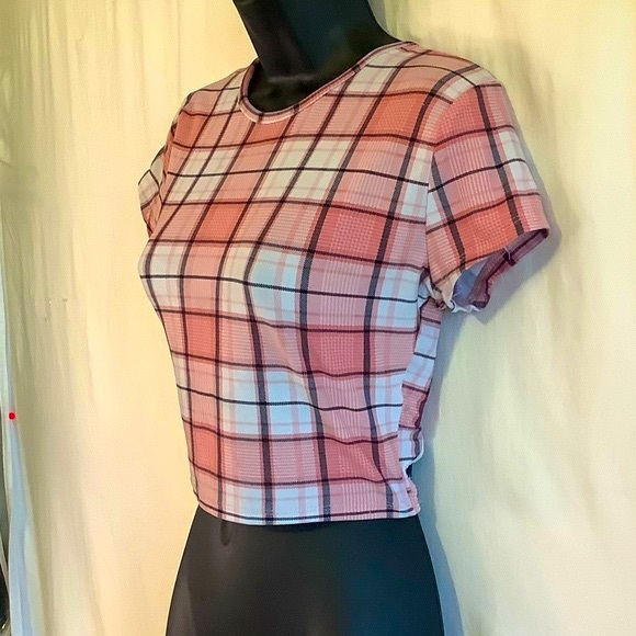 Faded Rose Pink Plaid Exposed Elastic Back Tee M - Picture 4 of 8